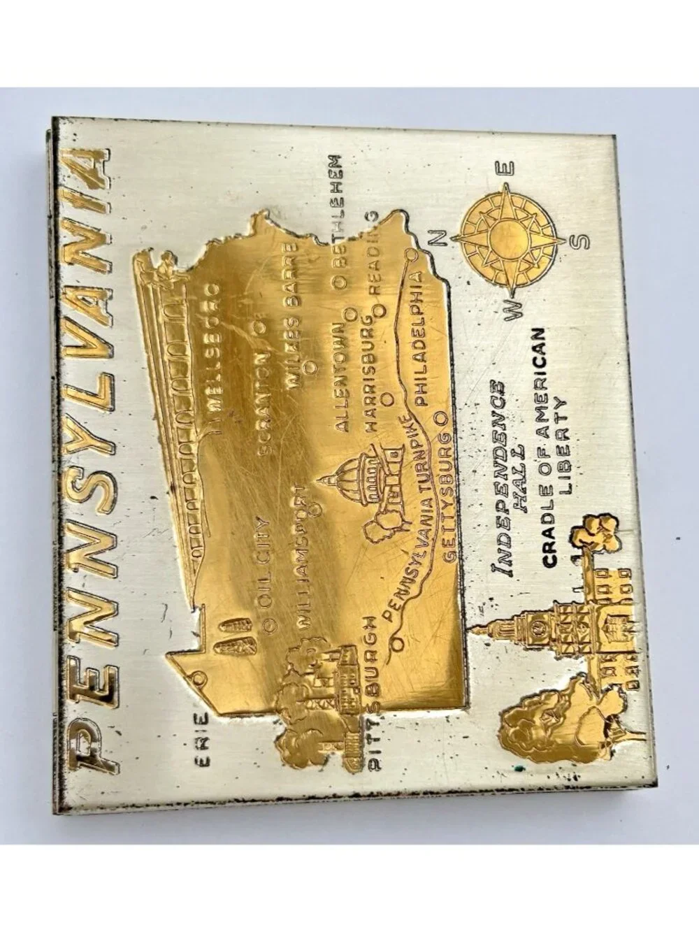 Vintage Etched Pennsylvania Souvenir Silvertone GoldTone Small Picture Frame